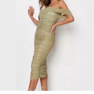 Missguided Sage Green Ruched Bardot Dress. Size US 6 Worn Once